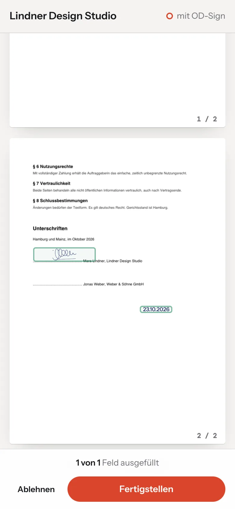 Unterschreiben am Handy: die Unterschrift sitzt im Feld