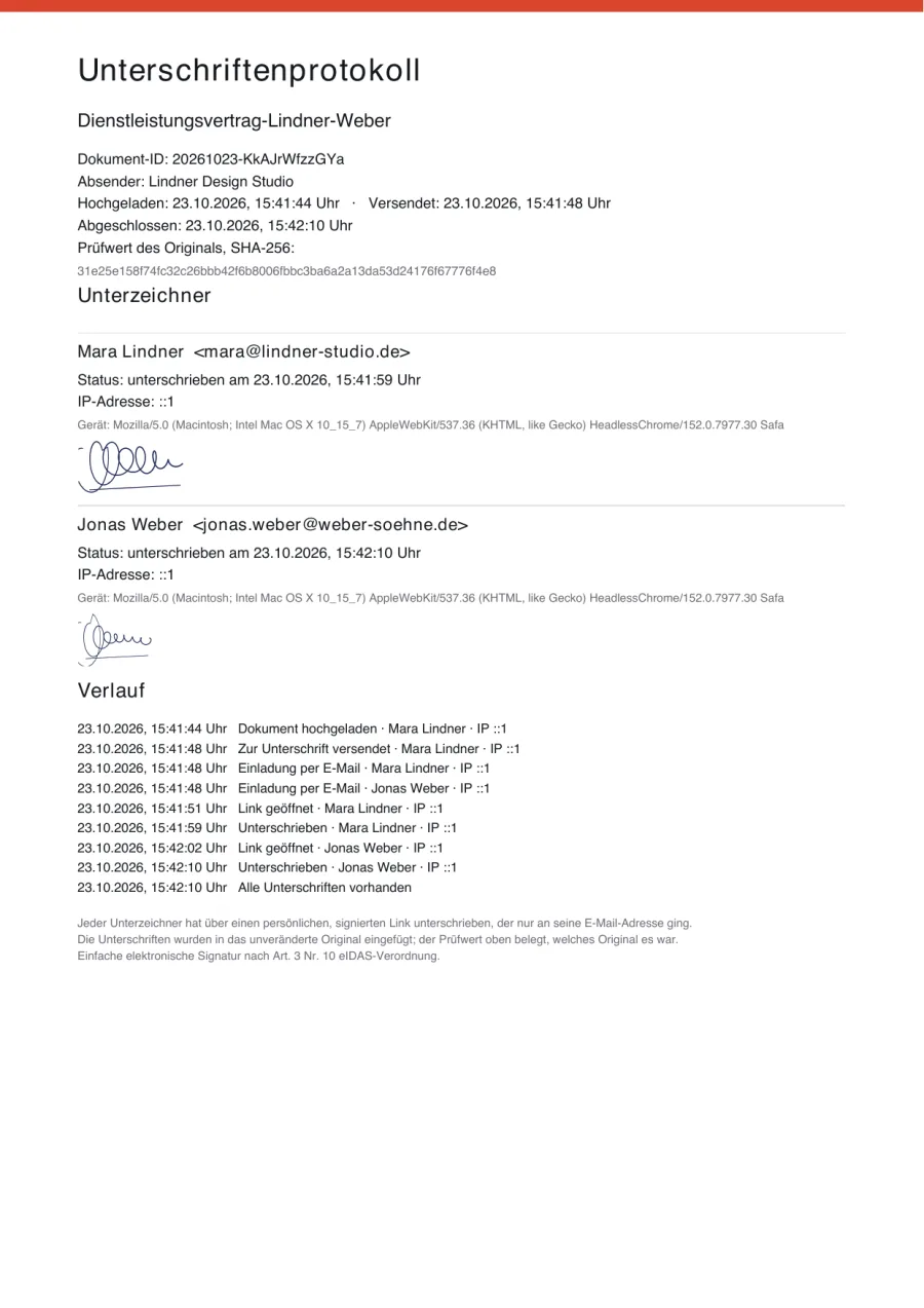 Unterschriftenprotokoll mit Prüfwert, Unterzeichnern und Verlauf